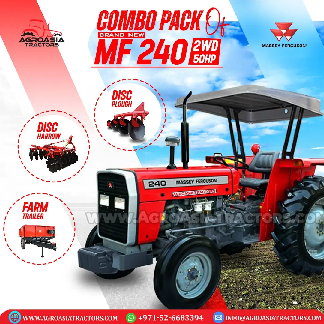 Brand New Massey Ferguson 240 50HP Tractor for Sale in UAE! Available for order in Abu Dhabi, Dubai, Sharjah, Ajman, Ras Al Khaimah, Fujairah, and Umm Al Quwain. Don't miss out on this opportunity!